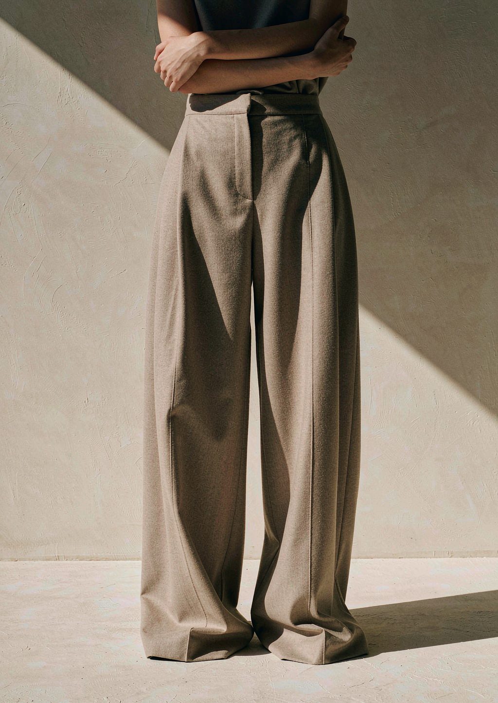 High-waisted wide trousers in taupe wool suiting